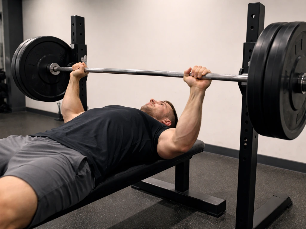 Anonymous lifter performing a barbell bench press in a minimal gym setting, focused on strength effort.