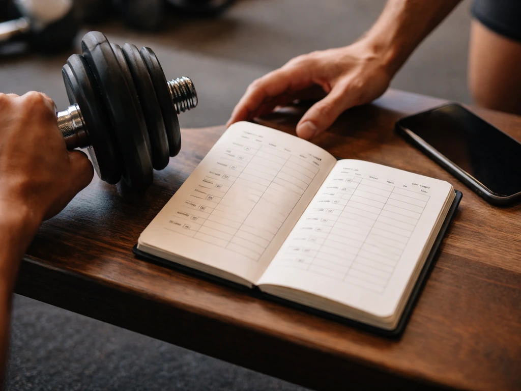 Hand holding dumbbell beside an open weekly planner and phone, suggesting training sets and volume tracking.