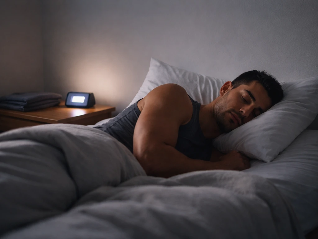 Athlete sleeping in a quiet bedroom with a small bedside sleep timer clock glowing.