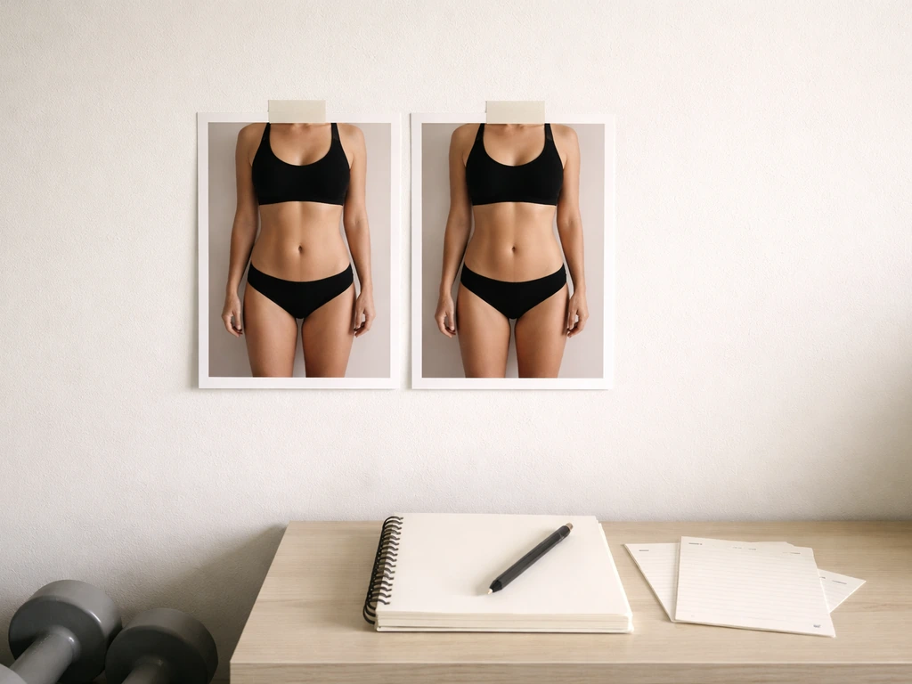 Workout progress photos comparison on a wall with a simple notebook nearby, consistent lighting look.