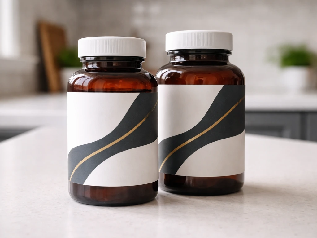 Close-up of MyoGrow supplement bottles with DynoMuscle-style branding on a clean kitchen counter.