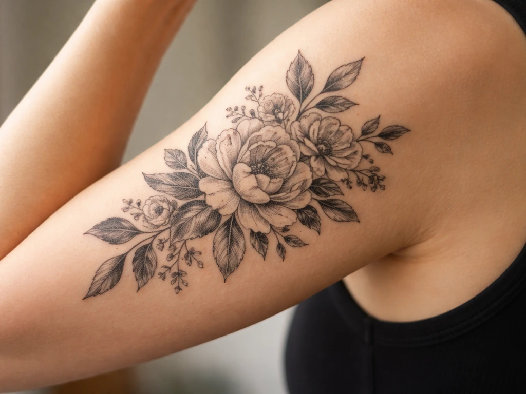 Close-up tattoo on upper arm with clean lines; adjacent skin subtly stretches during a controlled flex