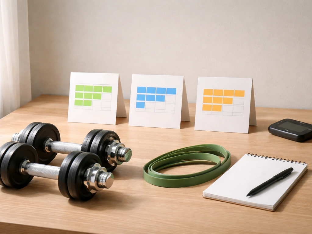 Home-gym tabletop with dumbbells, resistance band, and three unlabeled day cards suggesting a weekly training plan.