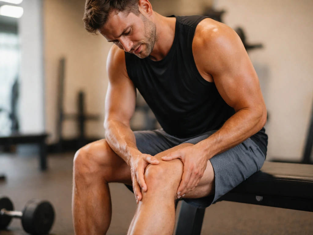Runner sits after leg workout, gently massaging a sore thigh in a quiet gym, mild post-session discomfort.