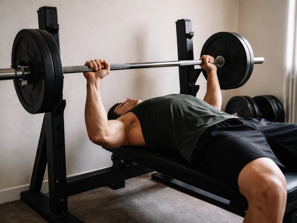 Athlete benching with simple studio lighting; weight rack nearby, fitness-focused minimal scene.