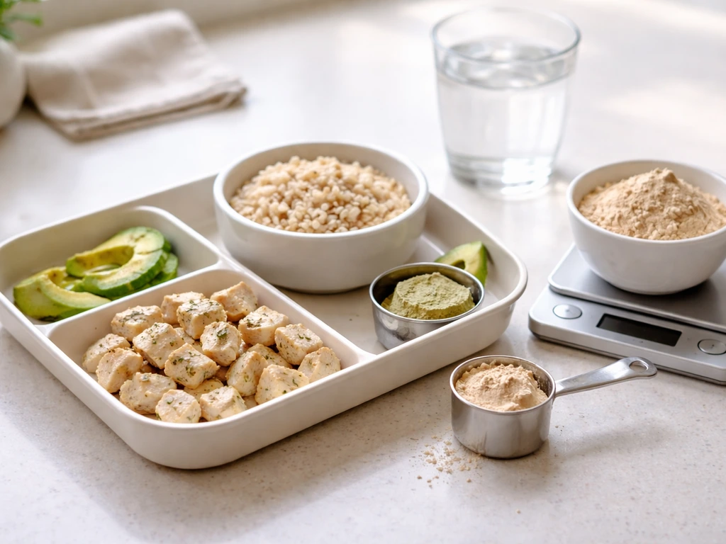 Meal tray with measured protein, carbs, fats, plus a protein scoop and kitchen scale on a table.