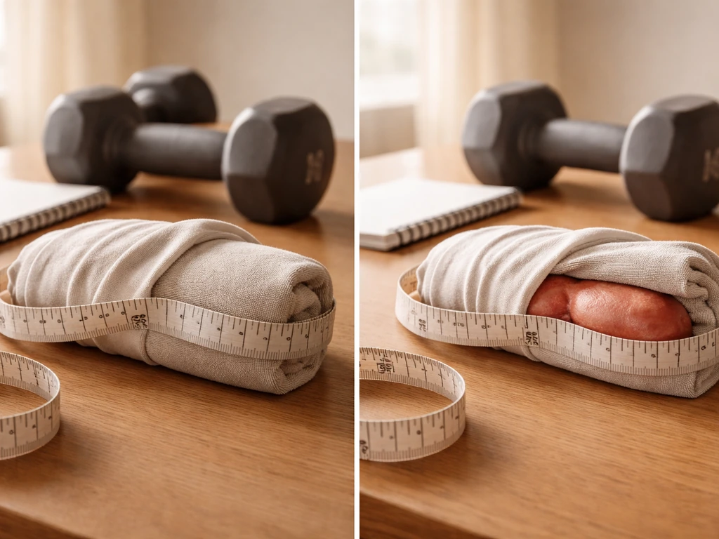Minimal desk scene with a tape measure and dumbbells showing a realistic before/after progress expectation.