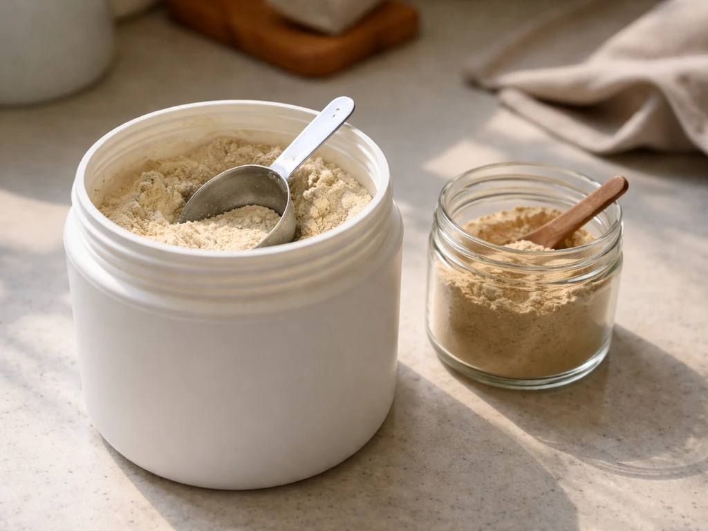 Beige powder in a generic supplement container with a metal scoop on a sunlit counter.