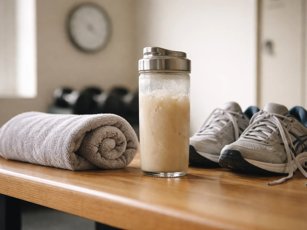 Protein shake bottle and gym recovery items on a locker bench in natural light, no people visible