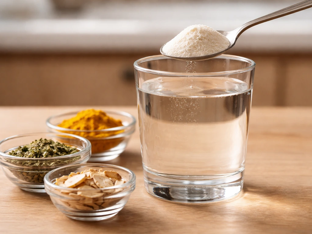 Spoonful protein powder being mixed with a clear drink, with visible botanical add-ins beside the glass.