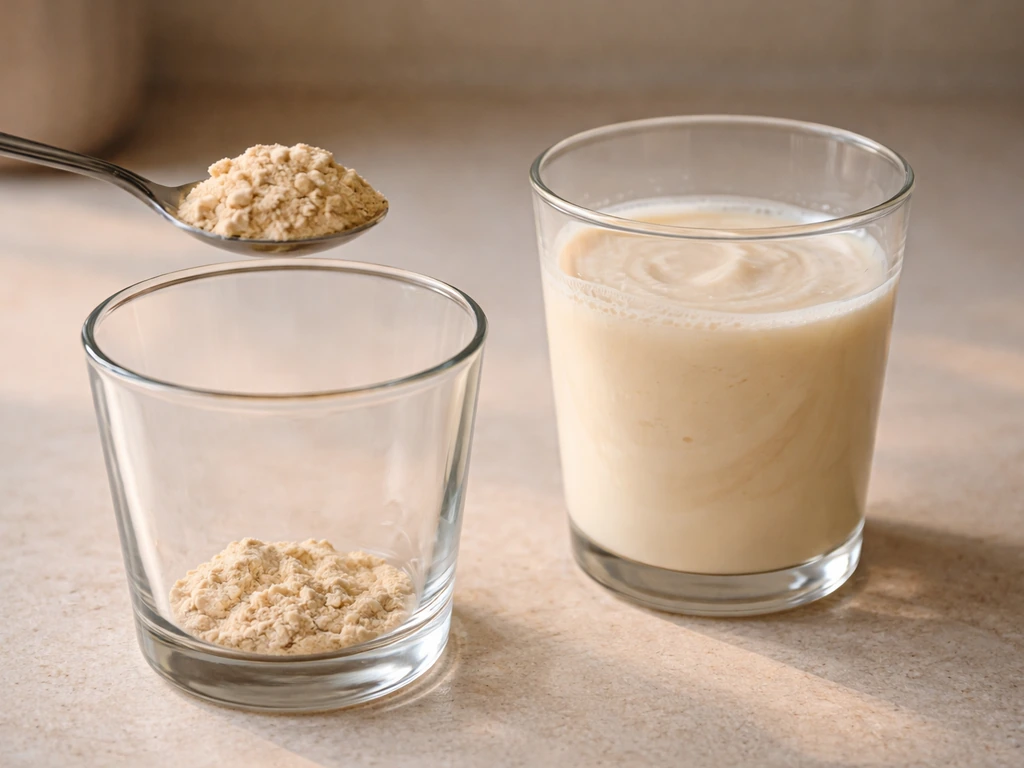 Close-up of a spoon measuring protein powder and mixing it into milk or fruit juice in a clear glass.