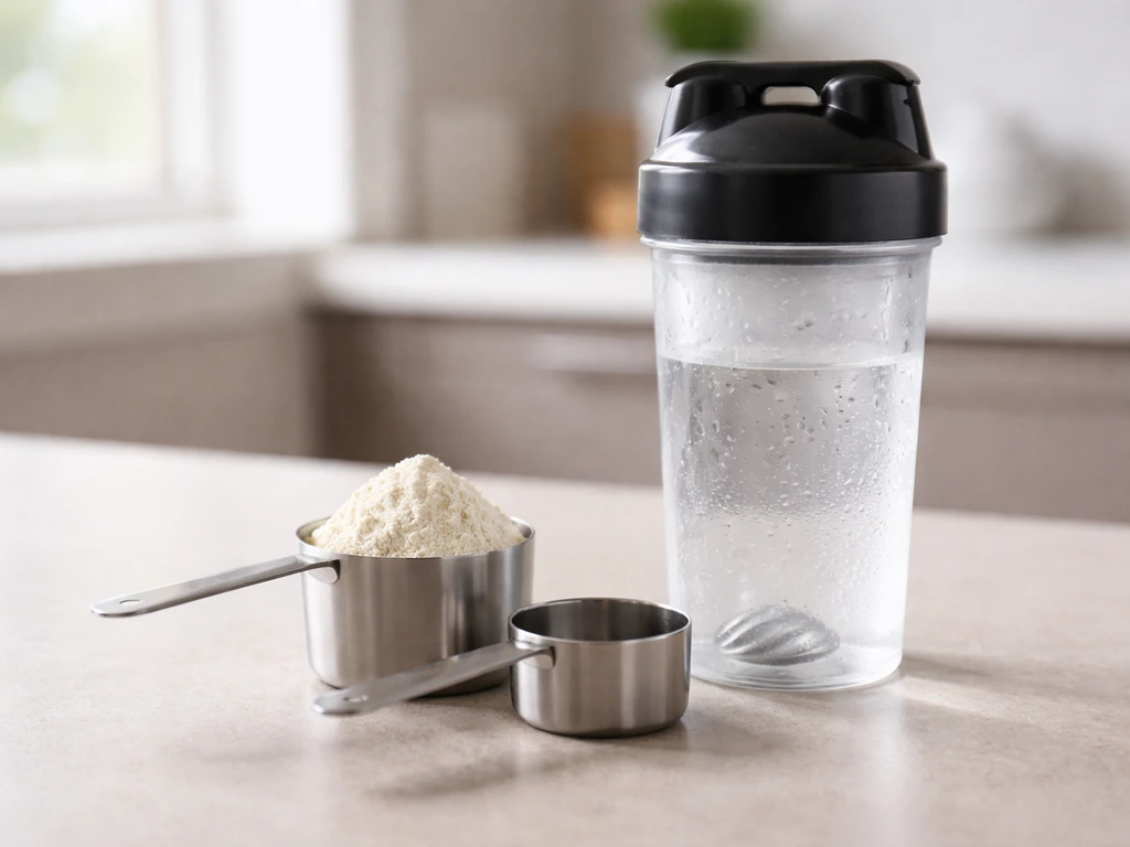 Minimal photo of an anonymous kitchen counter with two protein scoops and a glass shaker for comparison.
