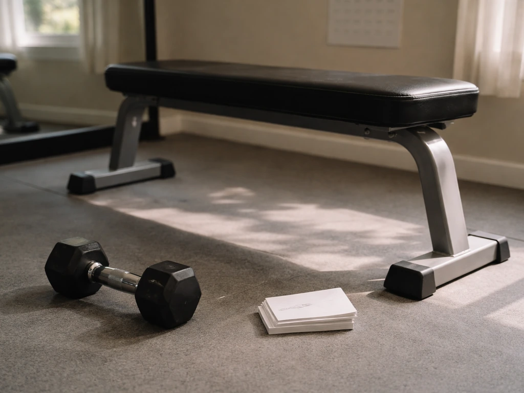 Home gym scene with a dumbbell and blank training cards in natural light, suggesting structured weekly volume.