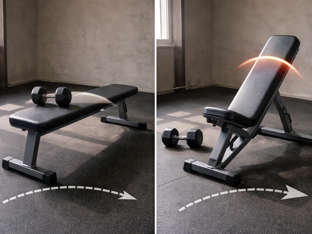 Minimal gym scene showing flat vs incline benches with subtle overlays suggesting tension and joint angle effects.