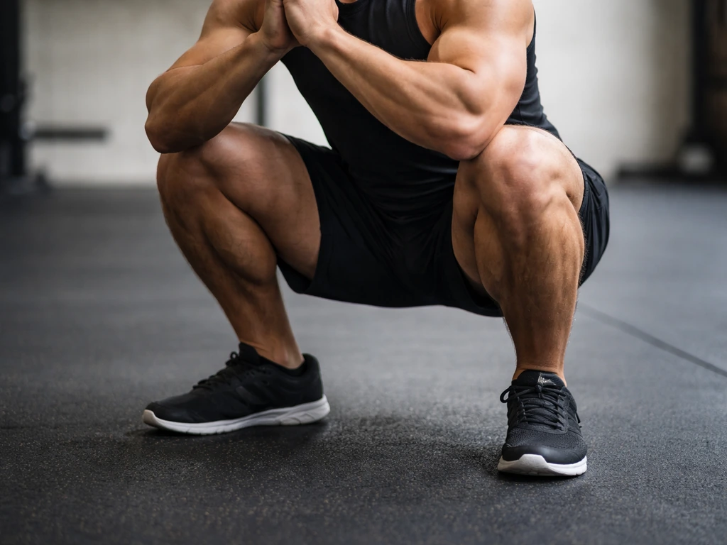 Anonymous lifter at the bottom of a squat, controlling a slow eccentric with full range of motion.