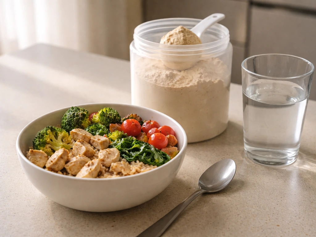 Close-up of a protein-forward meal with a protein supplement scoop and a glass of water on a kitchen counter.