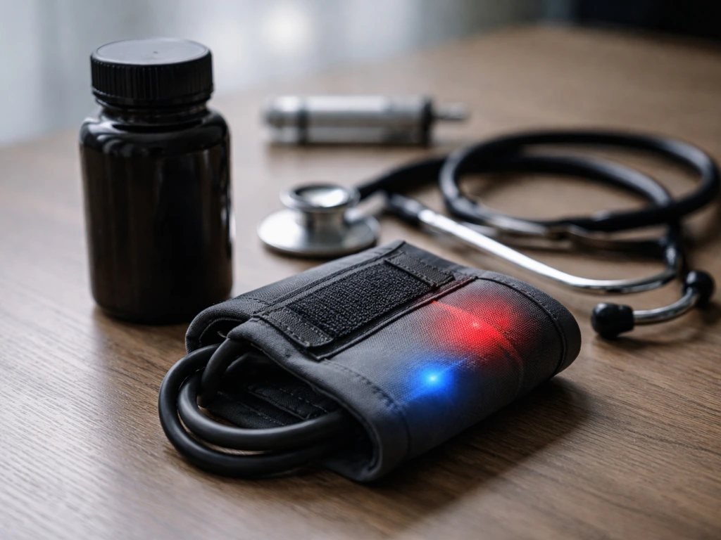 Unlabeled bottle, stethoscope, and blood pressure cuff on a table, with subtle red/blue light suggesting strain.