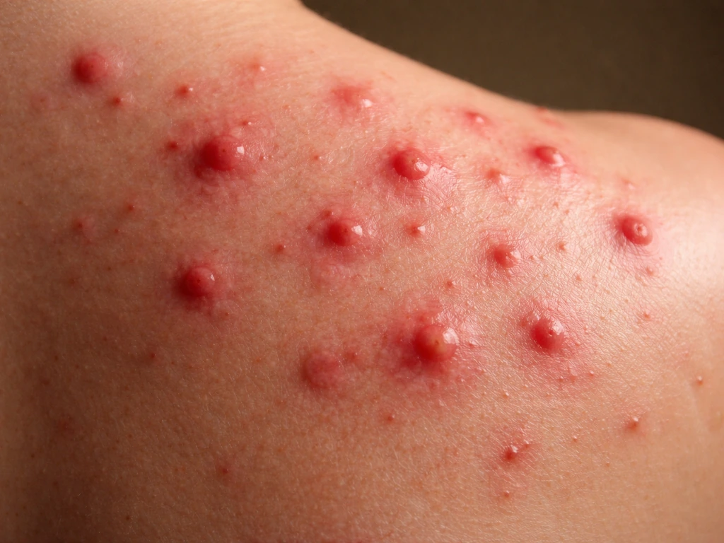 Close-up of inflamed acne on chest/upper back with textured, red skin detail.