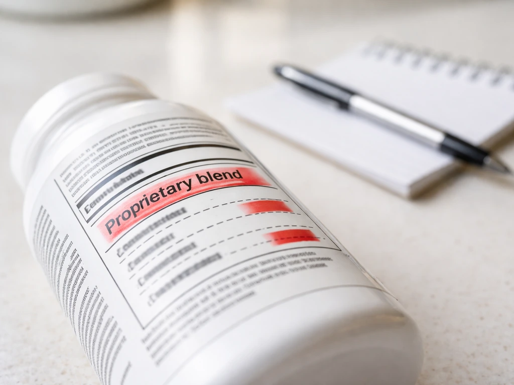 Close-up of a supplement bottle label checklist highlighting proprietary blend and missing ingredient amounts.