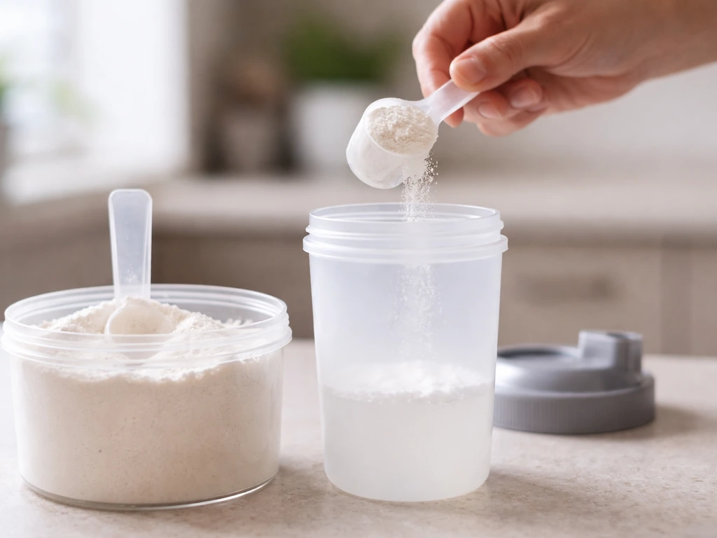 Creatine monohydrate powder in a container with a scoop, with a hand pouring into a fitness shaker.