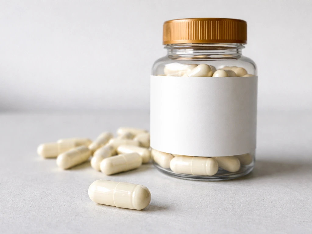 Close-up of a capsule supplement bottle with a few capsules beside it on a clean surface.