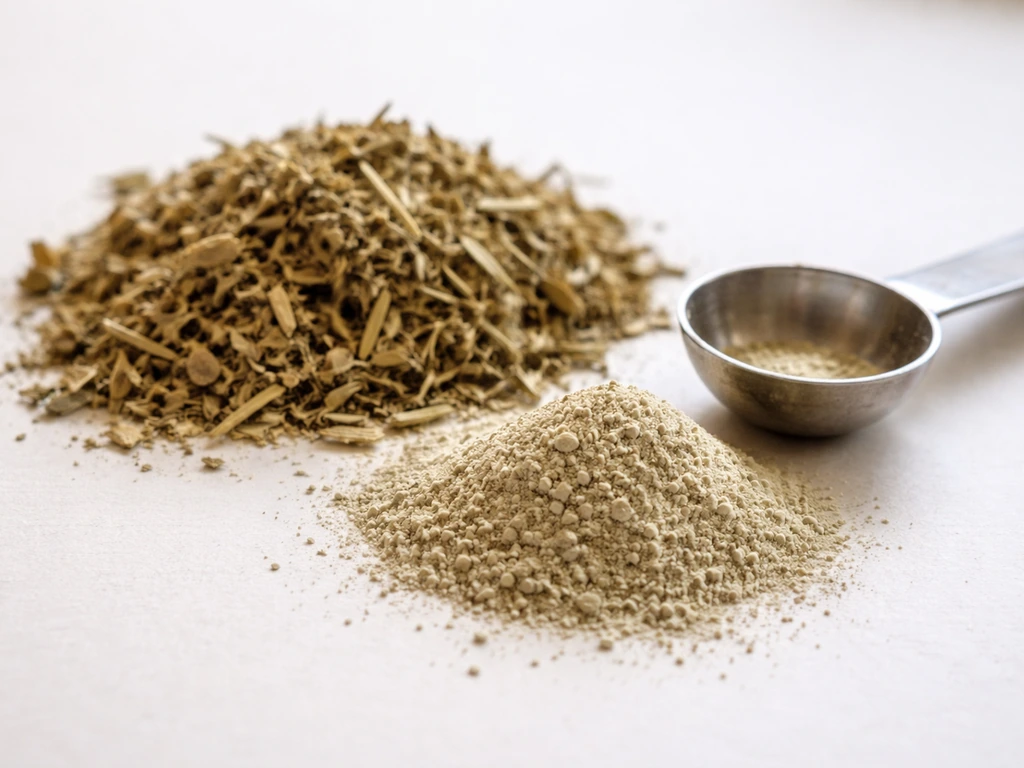 Close-up of dried plant material with a small scoop of pale powder beside a simple measuring spoon.