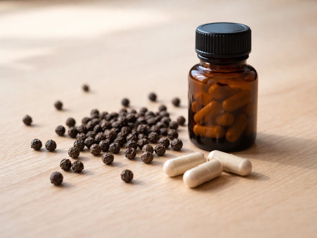 Black peppercorns beside a small amber capsule bottle suggesting BioPerine/piperine absorption