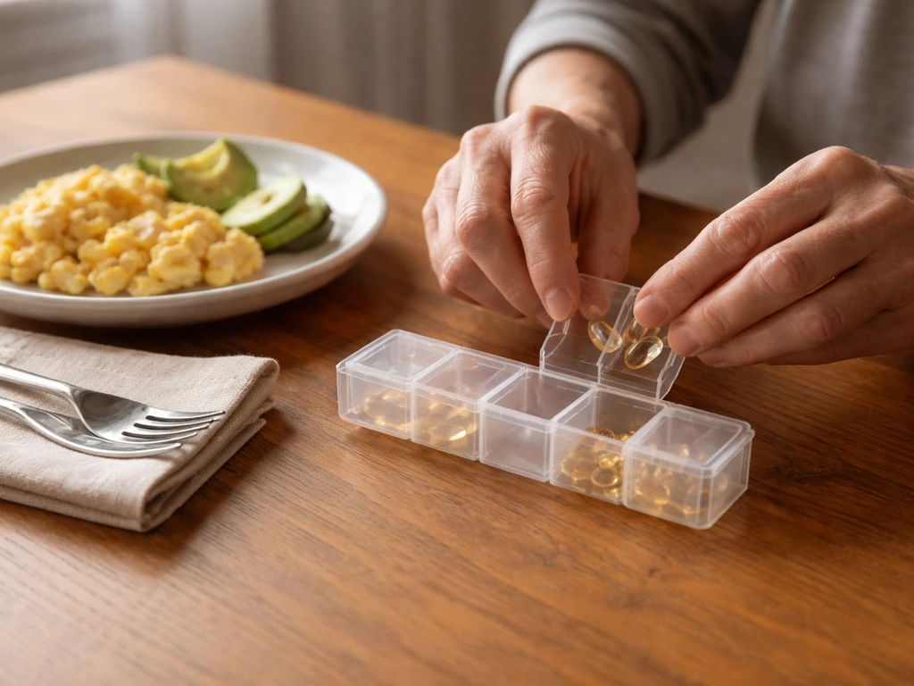 Weekly pill organizer with capsules beside a plate, suggesting a consistent meal-timed routine.