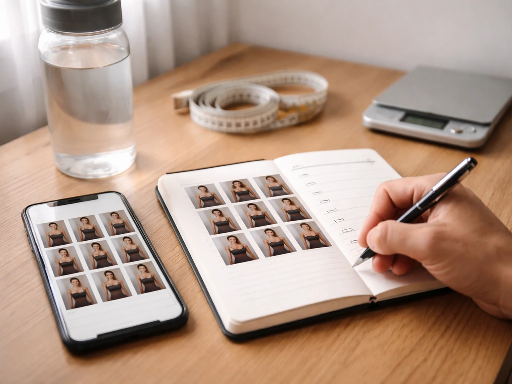 Hand writing workout and nutrition notes beside a phone showing a weekly progress photo grid