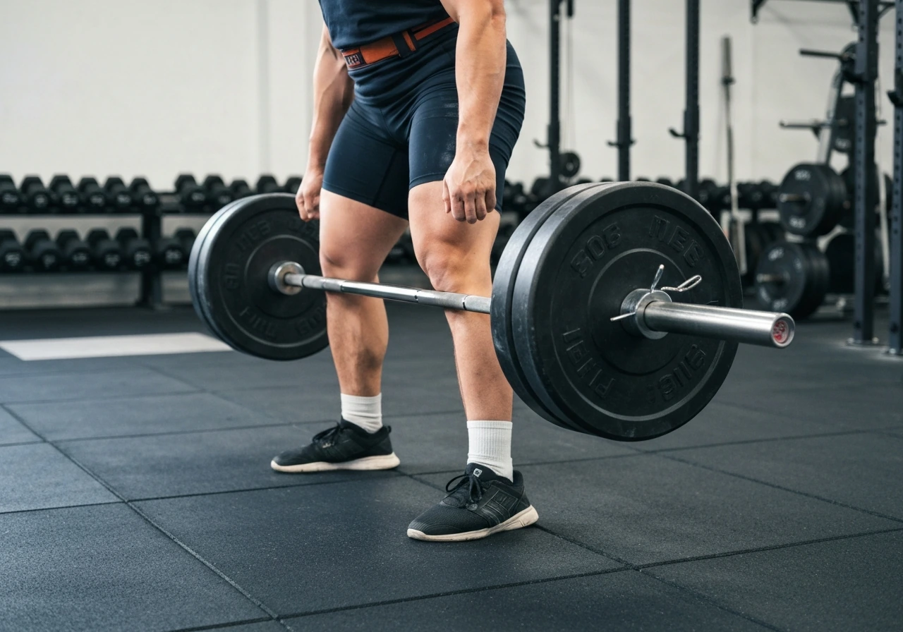 An isolated barbell deadlift in a clean gym, showing a clear mid-shin to lockout position