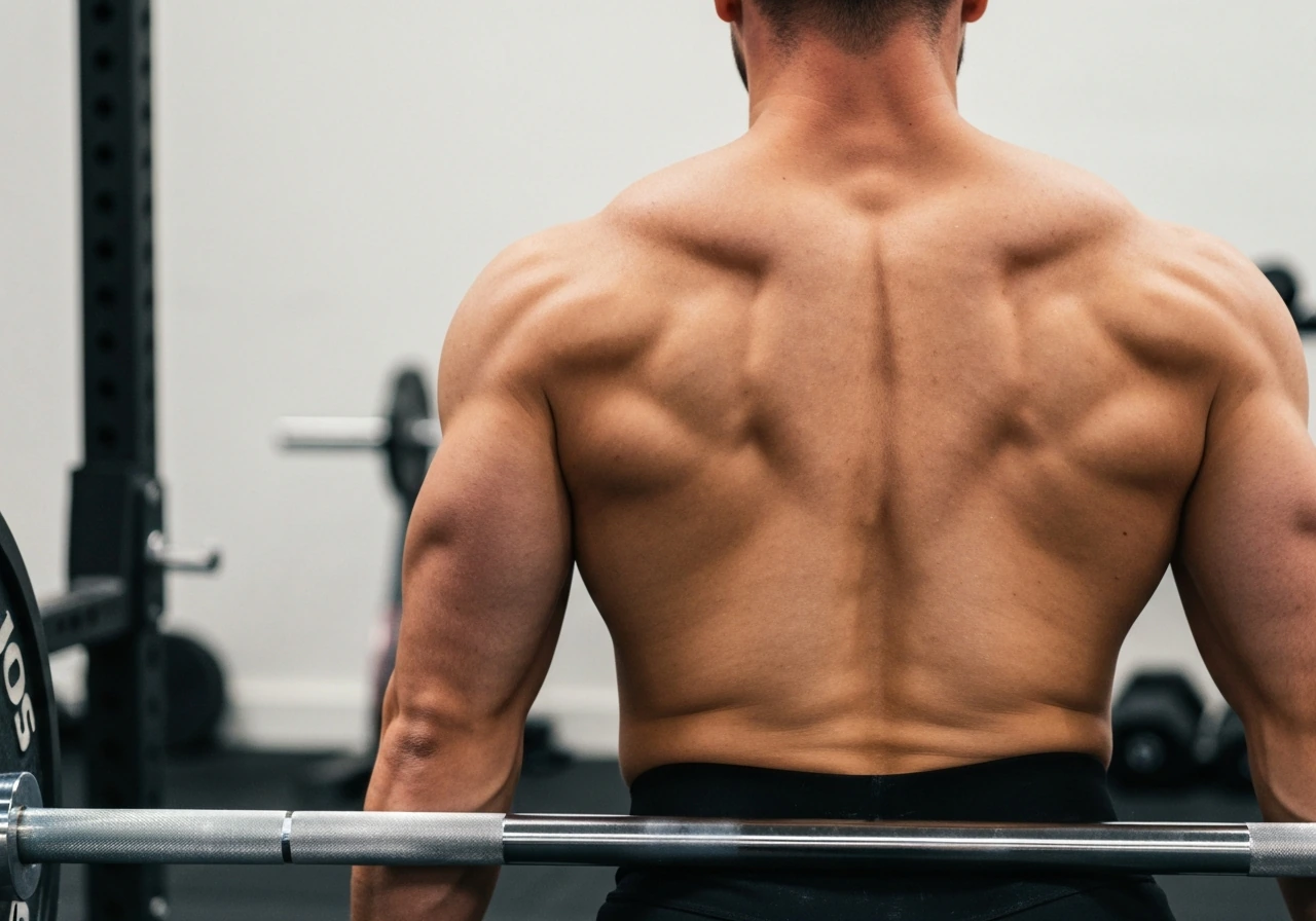 Close-up of a lifter’s braced torso and bar during a deadlift, showing upper back and erector engagement