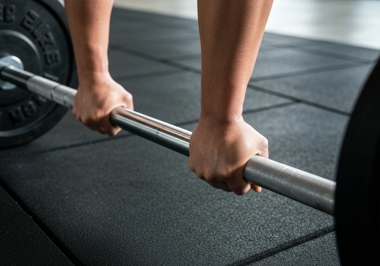 Close-up of hands gripping a barbell with visible forearm tension in a simple gym setting.