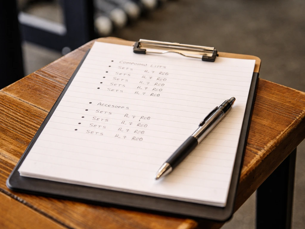 Close-up of a workout plan sheet with set/rep targets and compounds vs accessories on a gym bench.