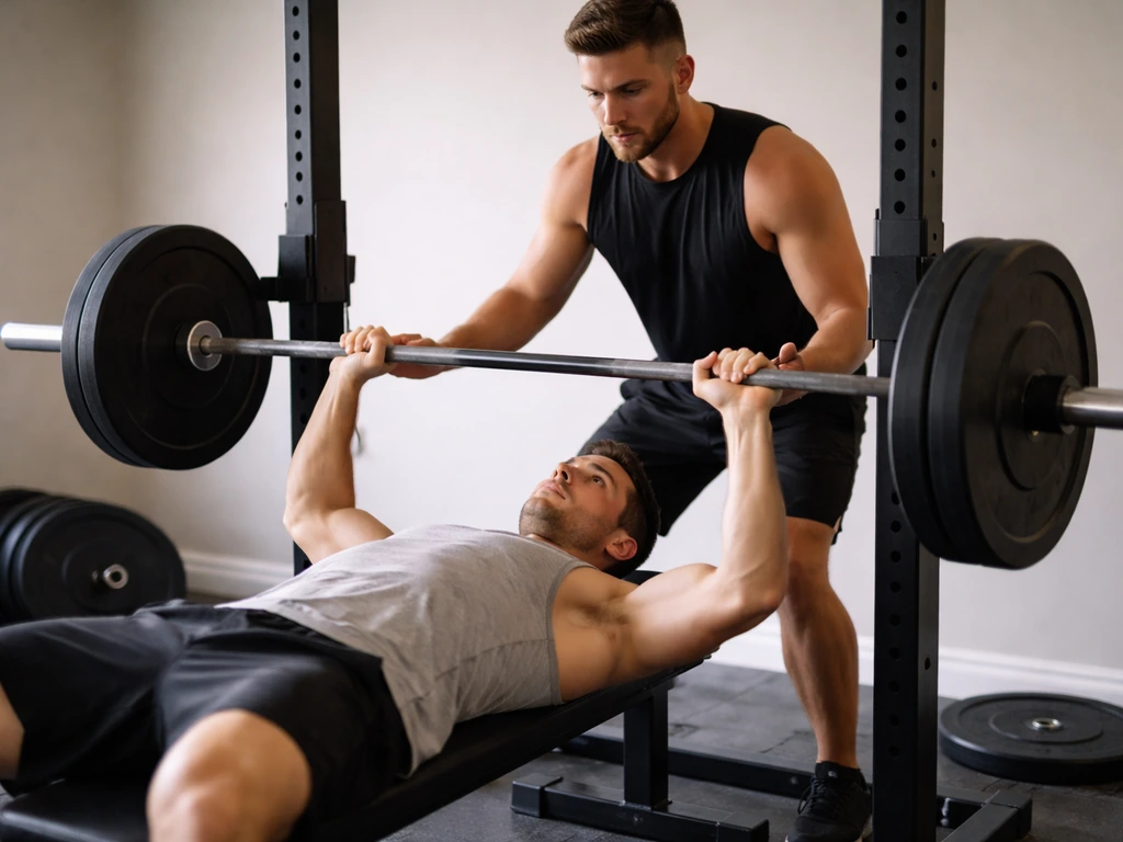 Lifter benching with safe spotter nearby, stopping 1–2 reps short of failure in a minimal gym.