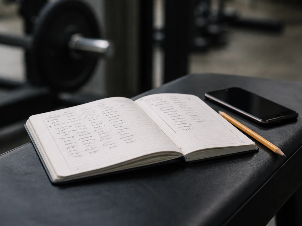 Open workout logbook on a bench with a pencil, plus a blurred barbell plate in the background.