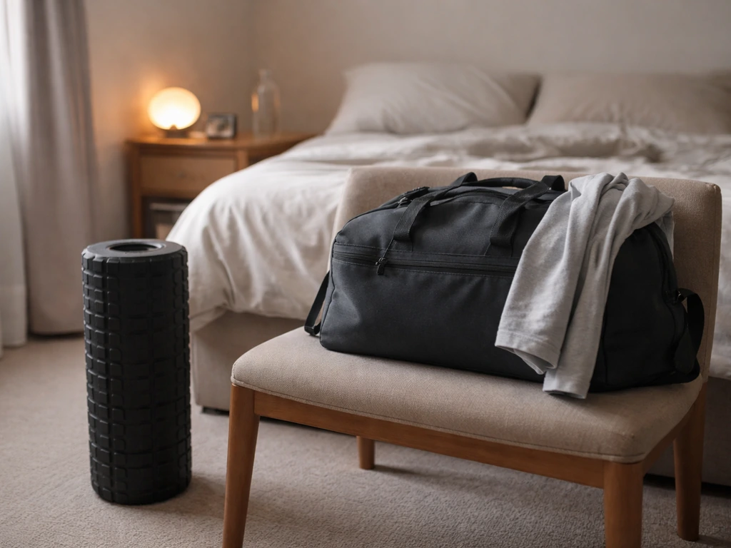 Gym bag and foam roller on a chair beside a nightstand setup for sleep recovery.