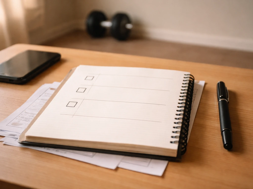 Minimal desk scene with an open notebook showing three checklist rows for a phased 4–12 week plan.