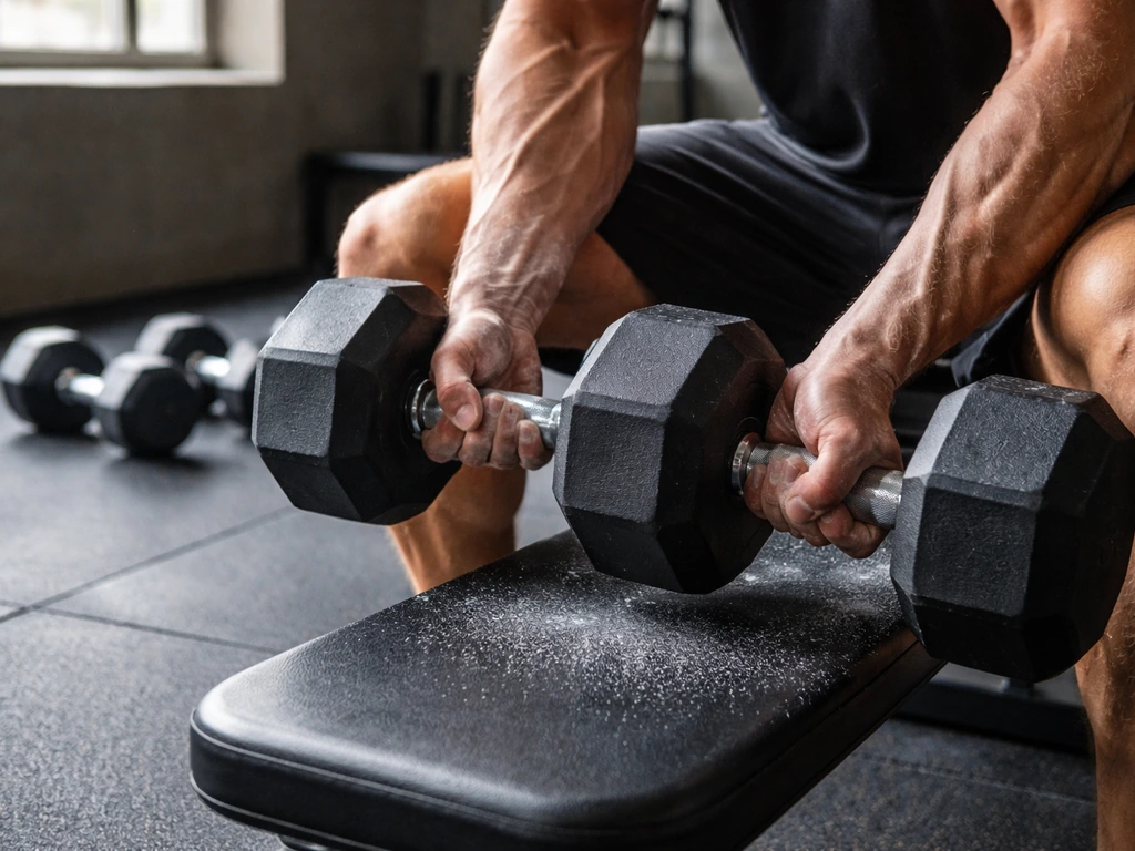 Two dumbbells on the floor by a bench with a lifter’s chalk-dusted hands mid-grip, showing tense lifting and a high-rep