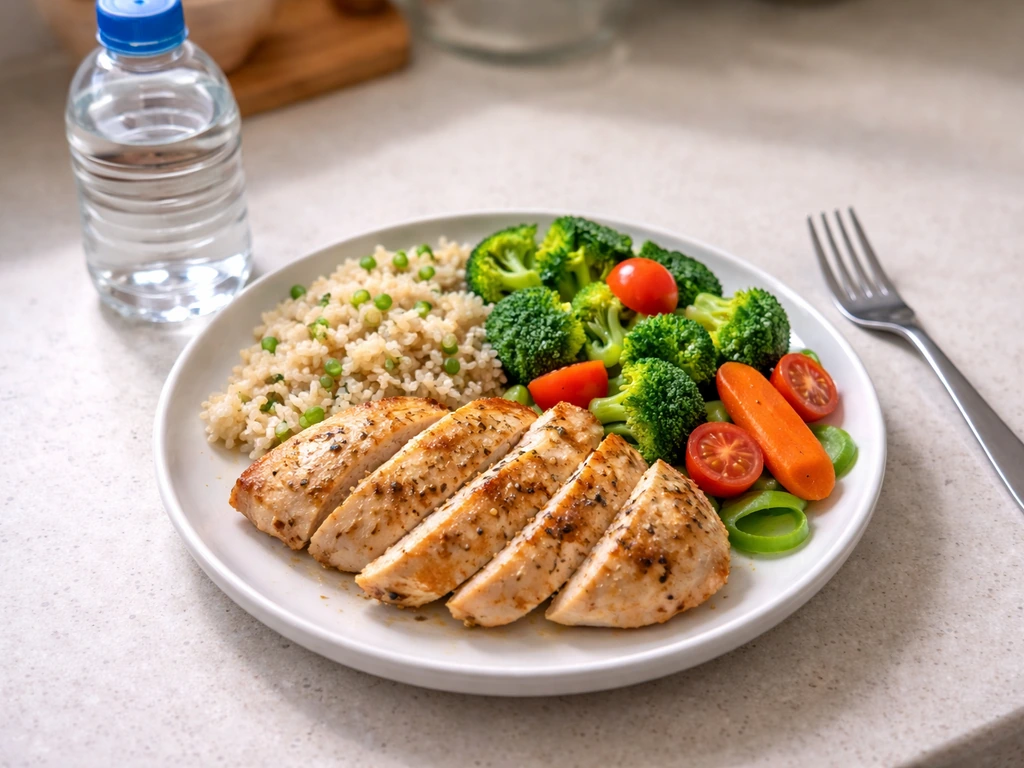 Protein-forward meal prep plate beside a water bottle on a simple kitchen table with visible portions.