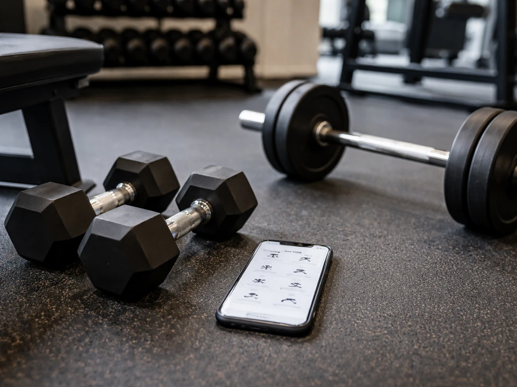 Minimal gym scene with a phone displaying an upper/lower training plan beside dumbbells.