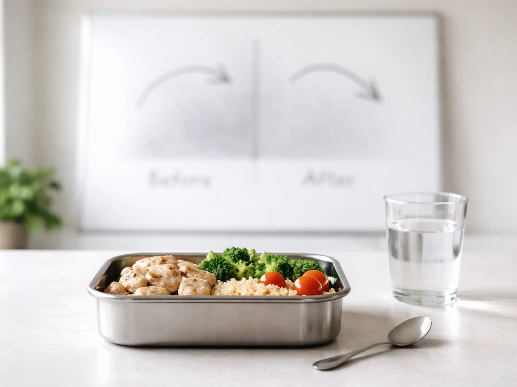Close-up of hands preparing a simple meal prep container, with motion-blur arrows on a whiteboard blurred out