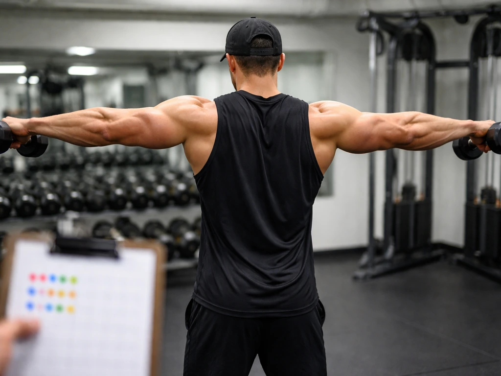 Anonymous gym-goer doing dumbbell lateral raises mid-set with nearby blank tracking markers in view.