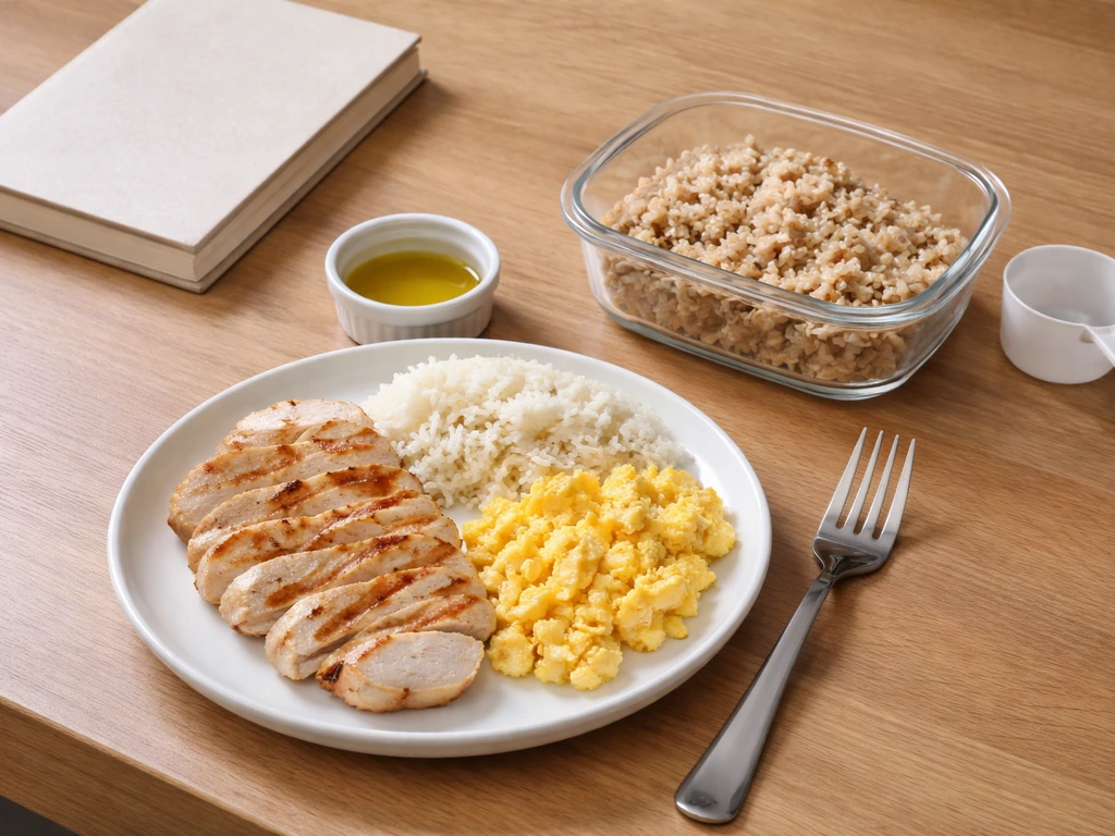 Protein-forward plate with measured rice and eggs, plus a plain notebook and measuring cup on a table.
