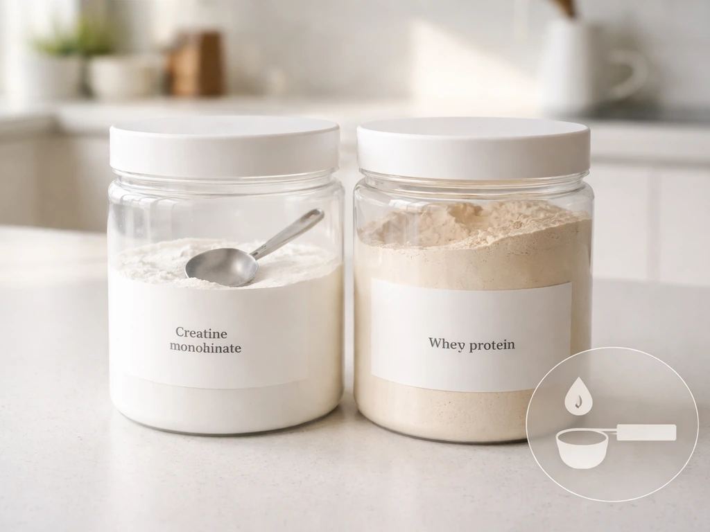 Creatine monohydrate and whey protein containers neatly arranged on a kitchen counter with natural light.