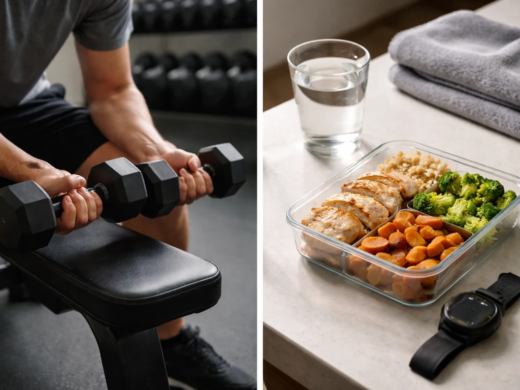 Split-frame gym scene showing dumbbell lifting alongside meal prep container and a wristwatch timer