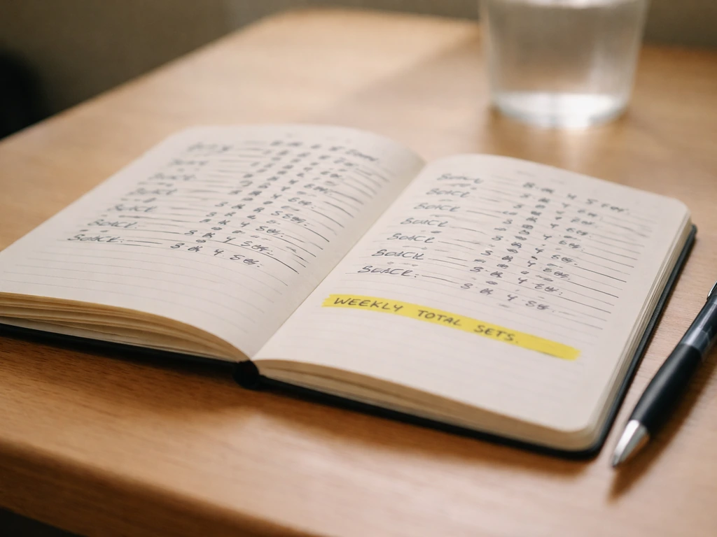 Close-up of a notebook workout log with highlighted weekly total sets for different muscle groups