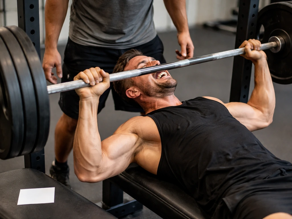 Anonymous lifter straining through last reps with a spotter nearby in a quiet gym.