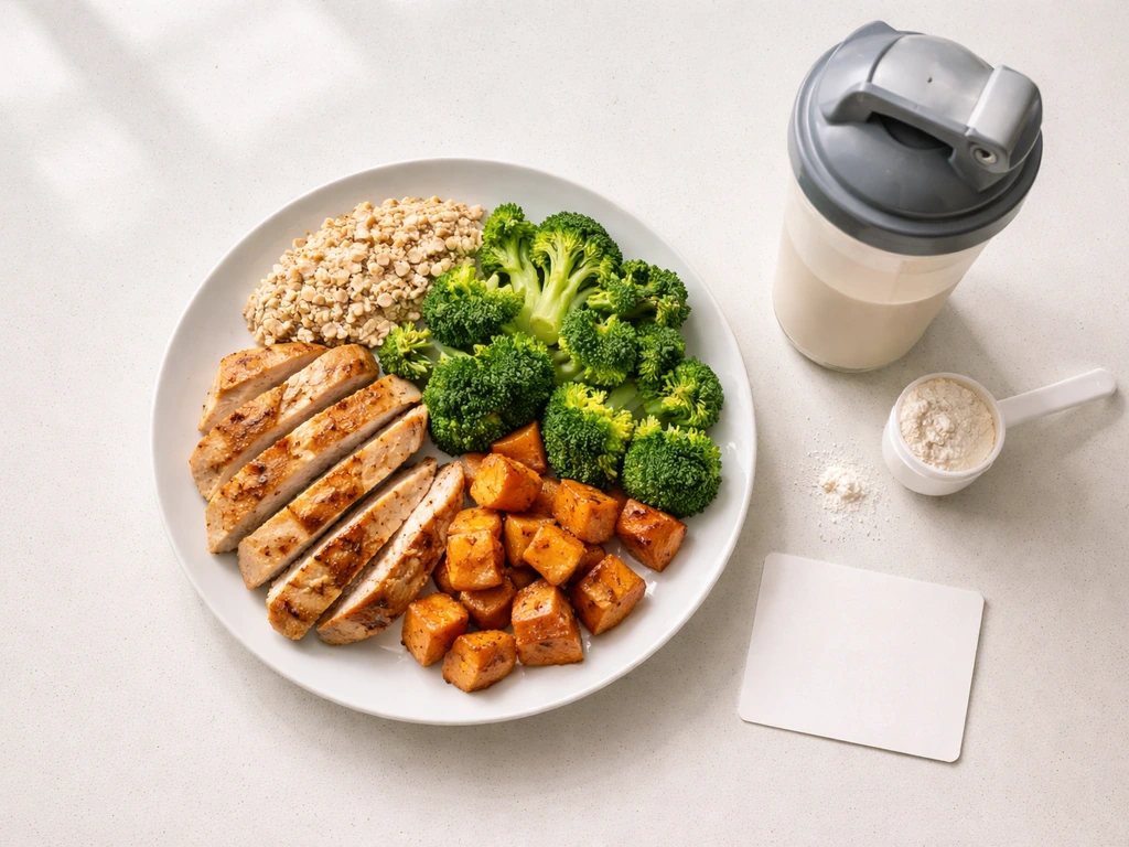Overhead view of a balanced meal plate with protein, carbs, vegetables plus a shaker bottle nearby.