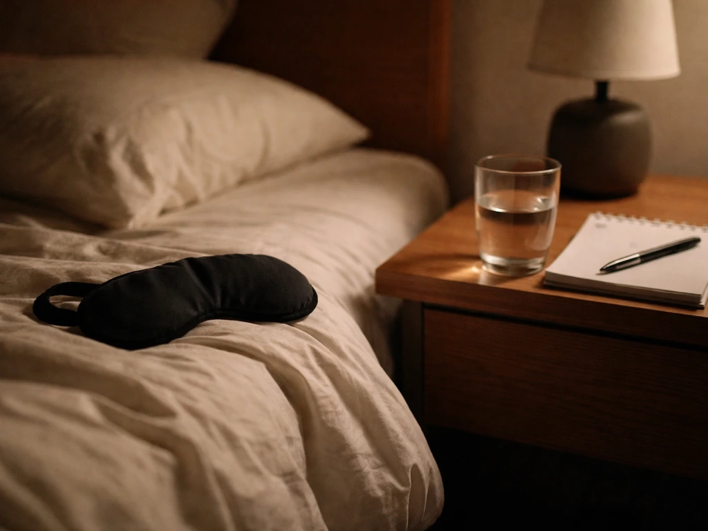 Dim bedroom night scene showing a sleep mask, water for hydration, and blank notepad for recovery planning.