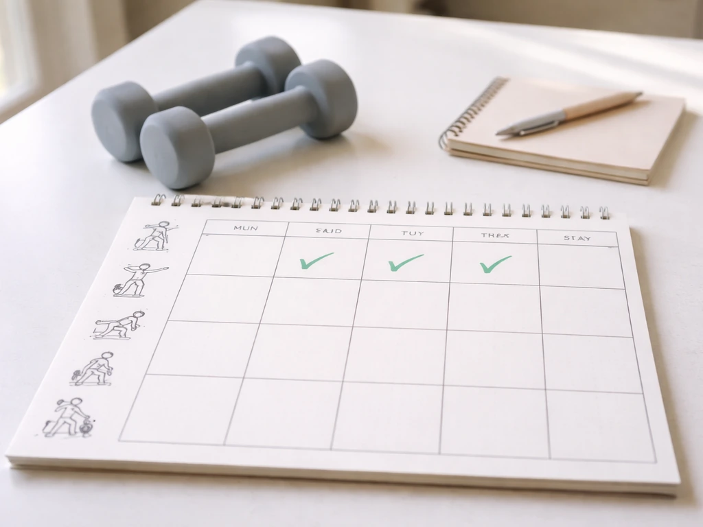 Minimal workout planner calendar on a table with icons and dumbbells nearby, in natural light.